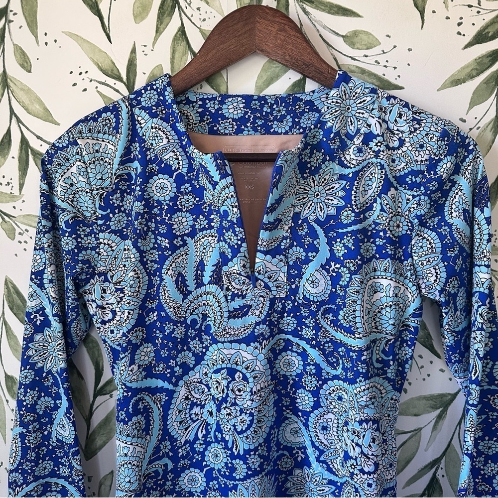 Coolibar Hokulani Ruche Swim Shirt Blue print. XXS. UPF 50+ - Picture 2 of 11